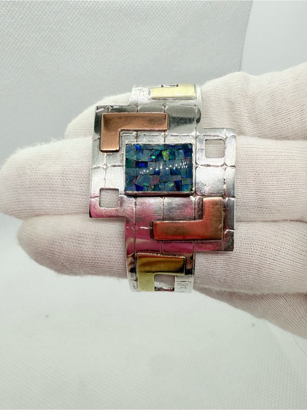 Vintage Modernist Sterling Silver Multi-Tone Inlay Cuff Bracelet